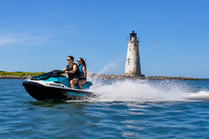 Two people on a jet ski near a lighthouse on a sunny day.