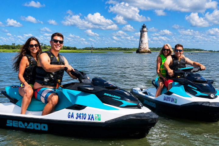 Two couples on jet skis near a lighthouse on a sunny day.