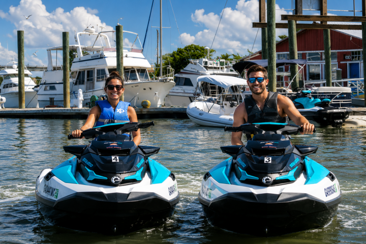 Two people riding jet skis near a marina with boats in the background.
