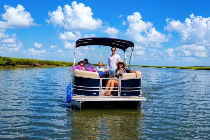Four people on a pontoon boat in a calm, sunny waterway.