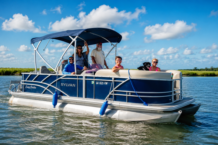 People enjoying a ride on a blue pontoon boat under a clear sky.