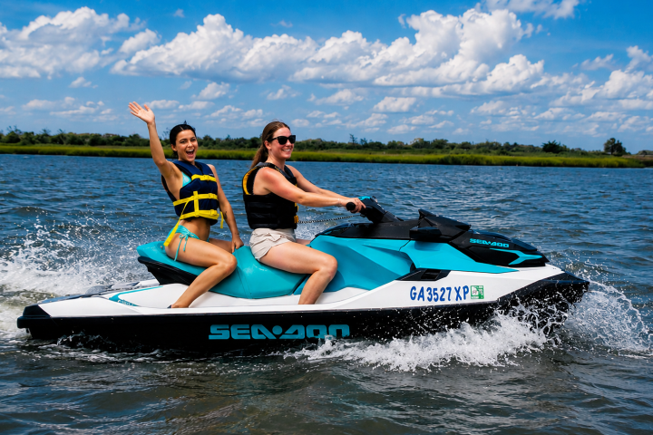 Two women riding a jet ski on a sunny day with blue sky and clouds.