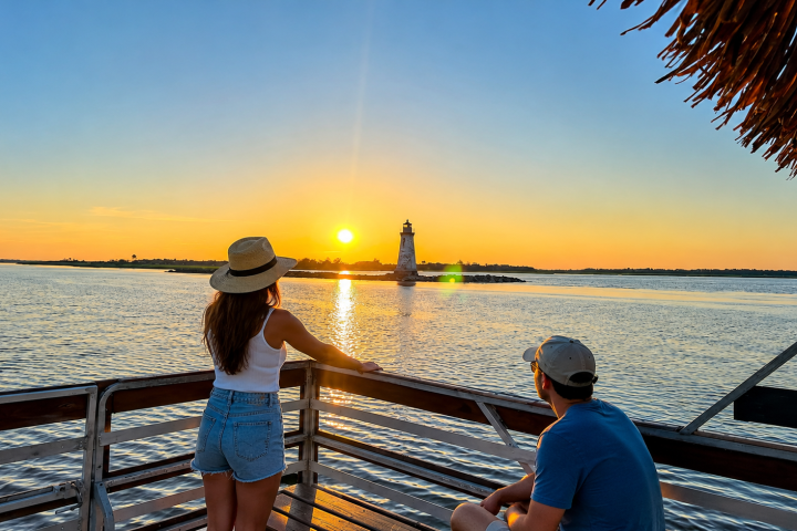 Two people on a deck admire sunset over water and distant lighthouse.