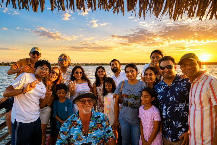 Group of people smiling under a sunset sky by the water.