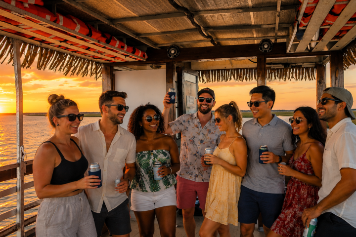 Group of friends on a boat at sunset, holding drinks and smiling.