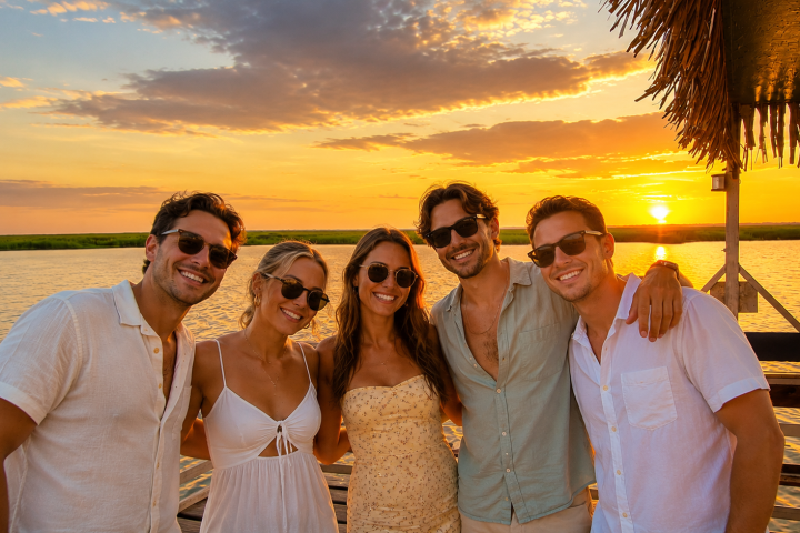 Five people in sunglasses smiling at sunset by a lake.