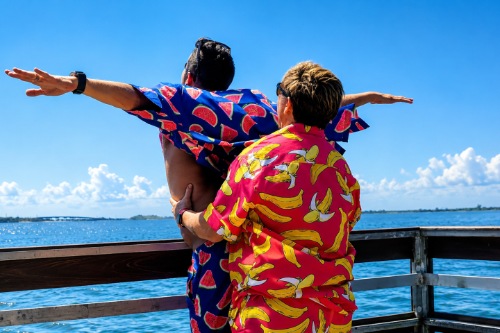 Two people in vibrant outfits pose like Titanic on a dock.