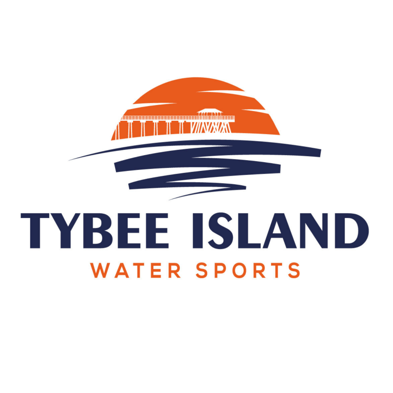 Logo with pier and sunset, text: Tybee Island Water Sports.