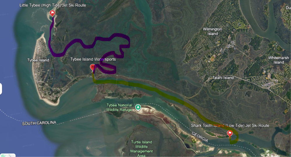 Map showing jet ski routes near Tybee Island, Georgia.