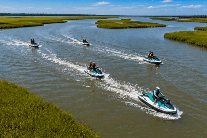 Five people on jet skis riding through a winding river surrounded by green marshland.
