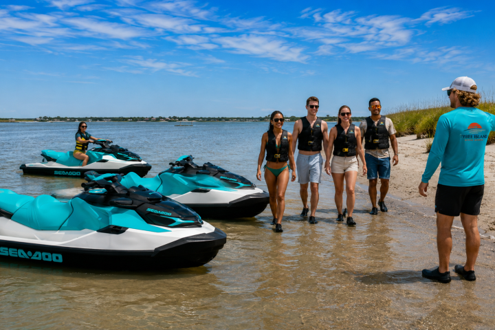 Group approaching jet skis on beach; instructor pointing.