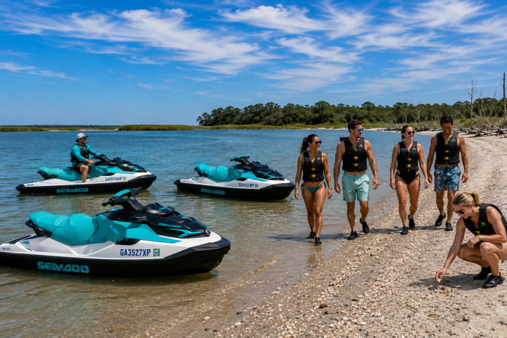 Group of people with jet skis on a sandy shore under a partly cloudy sky.