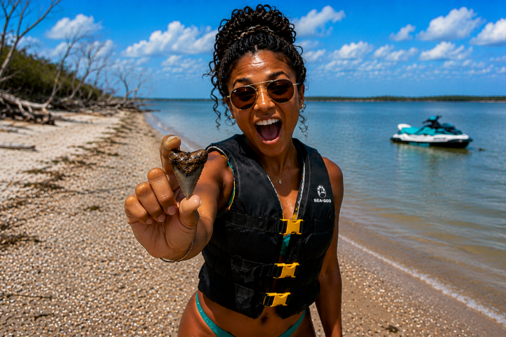 Woman on beach holding a shell, wearing a life jacket and sunglasses, with watercraft in the background.